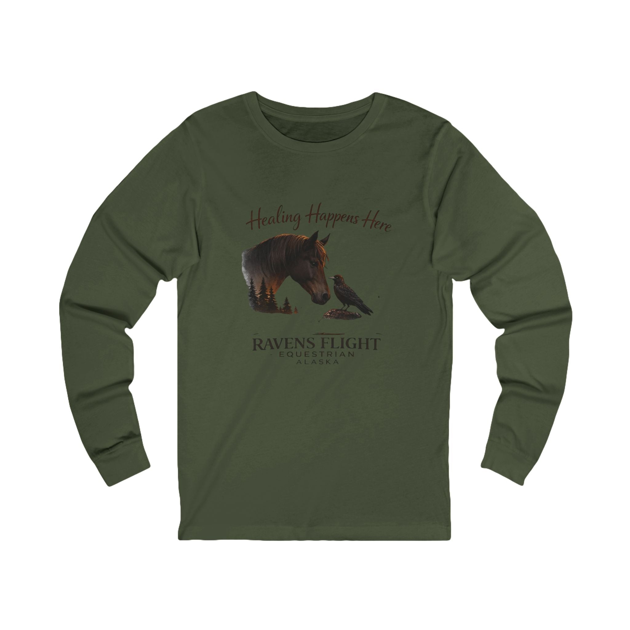 Healing Happens Here Long Sleeve Tee — Ravens Flight Equine Therapy Shirt