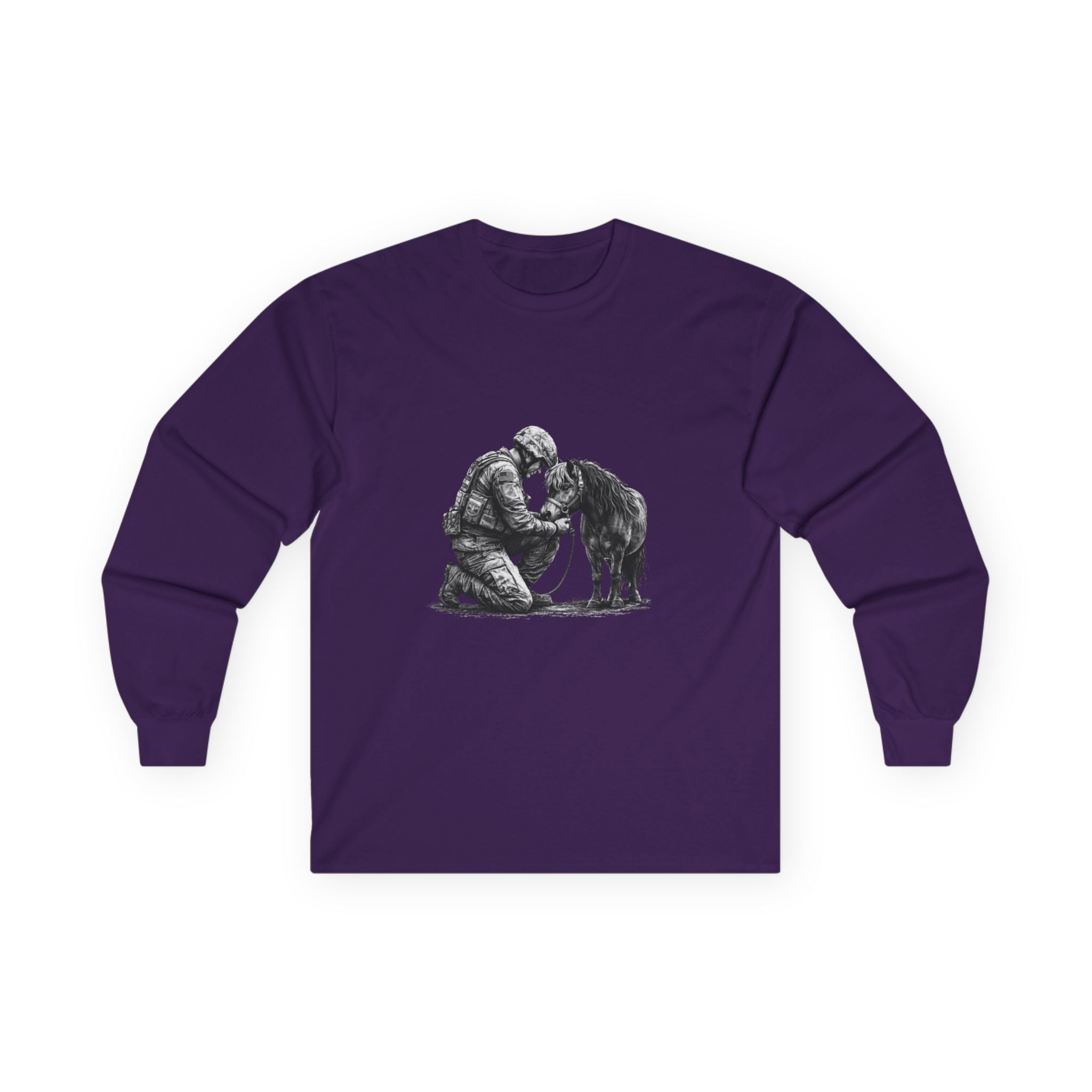 Kneeling Soldier with Horse Long Sleeve Tee — Military Veteran & K9 Tribute Shirt
