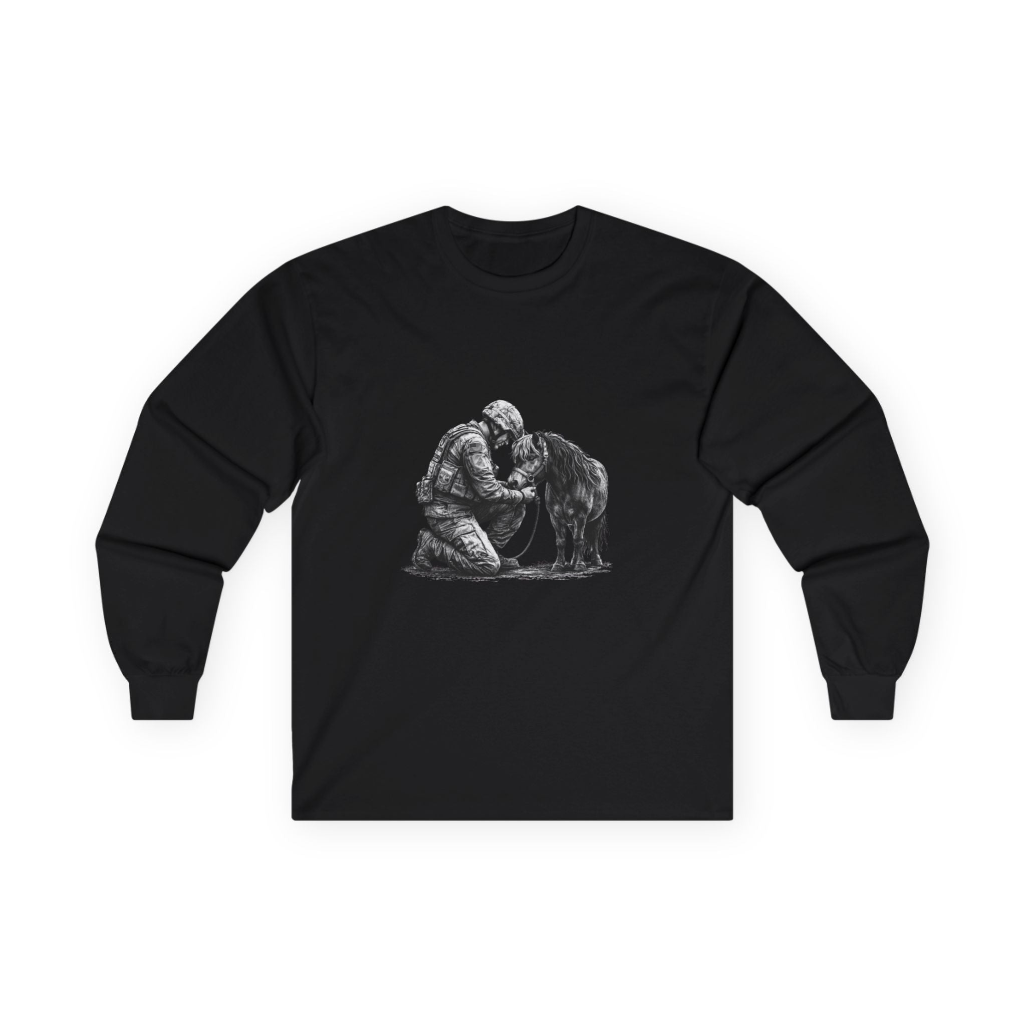 Kneeling Soldier with Horse Long Sleeve Tee — Military Veteran & K9 Tribute Shirt
