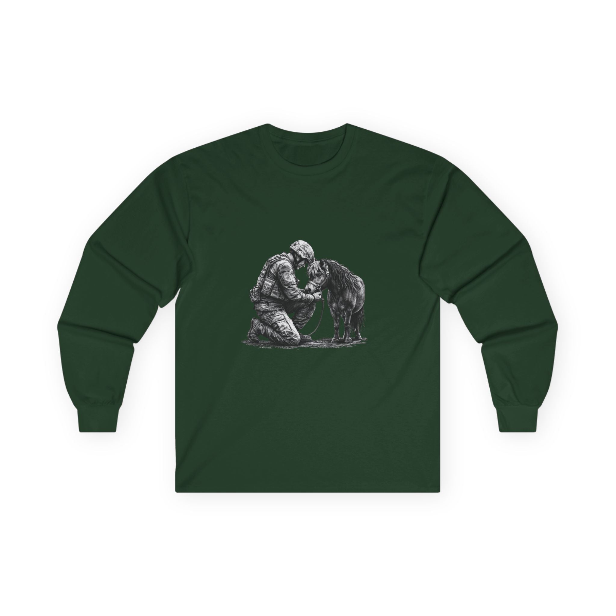 Kneeling Soldier with Horse Long Sleeve Tee — Military Veteran & K9 Tribute Shirt