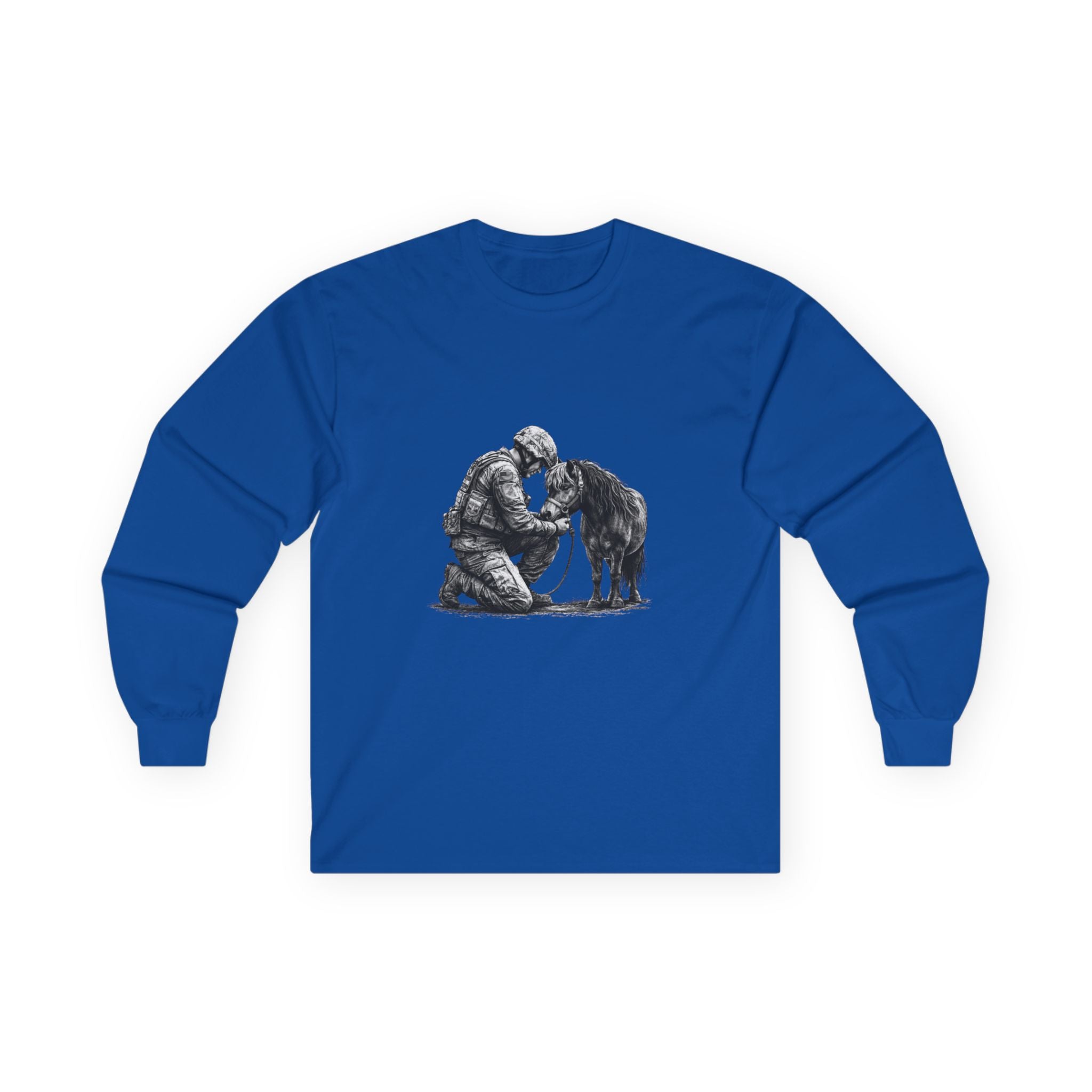 Kneeling Soldier with Horse Long Sleeve Tee — Military Veteran & K9 Tribute Shirt