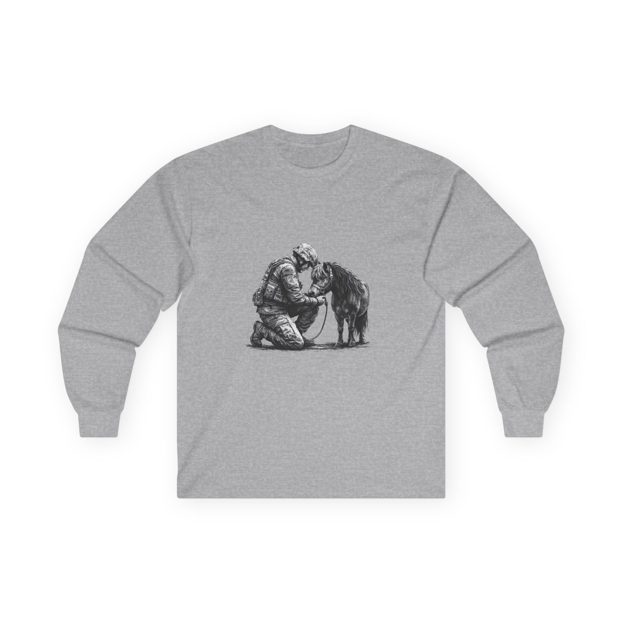 Kneeling Soldier with Horse Long Sleeve Tee — Military Veteran & K9 Tribute Shirt