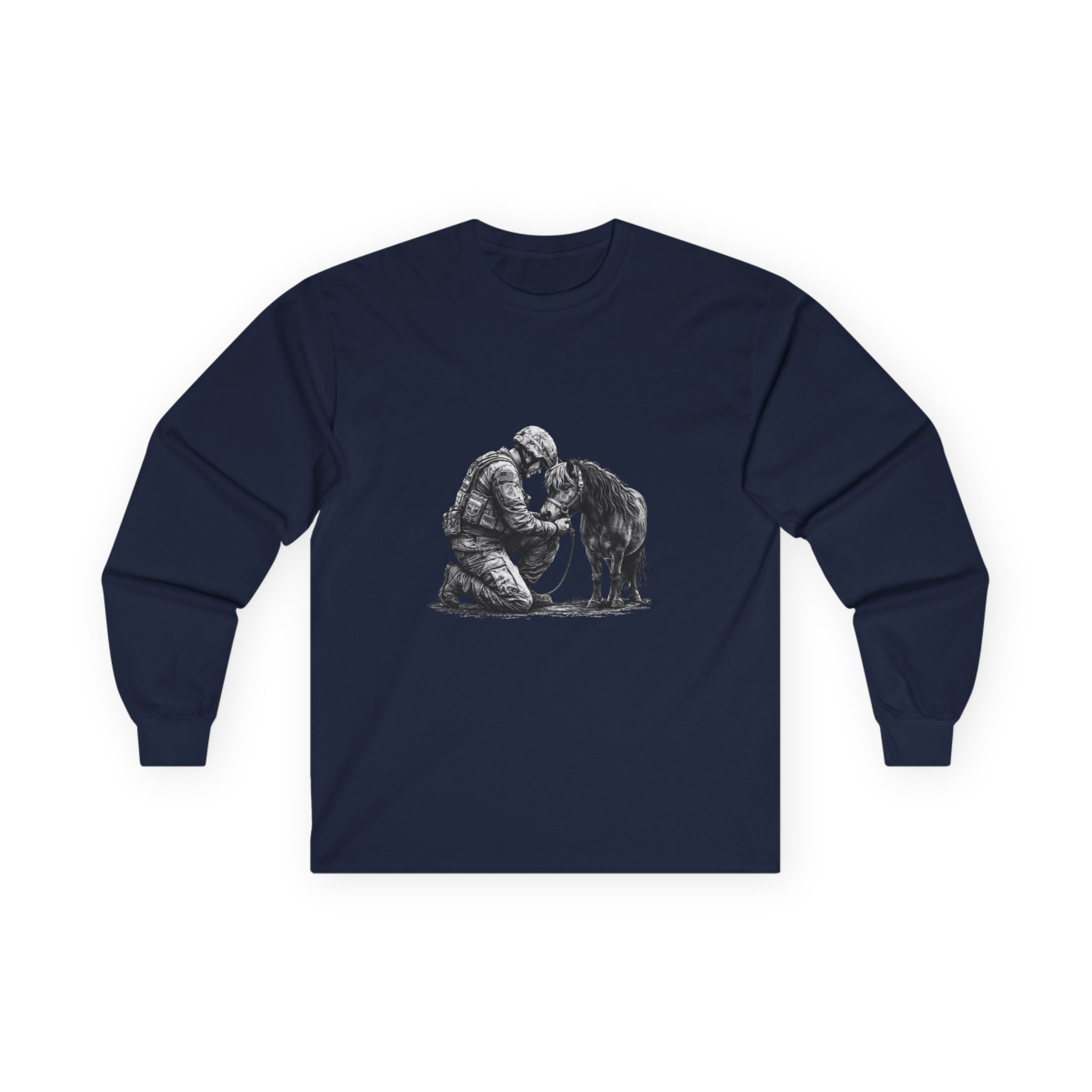 Kneeling Soldier with Horse Long Sleeve Tee — Military Veteran & K9 Tribute Shirt