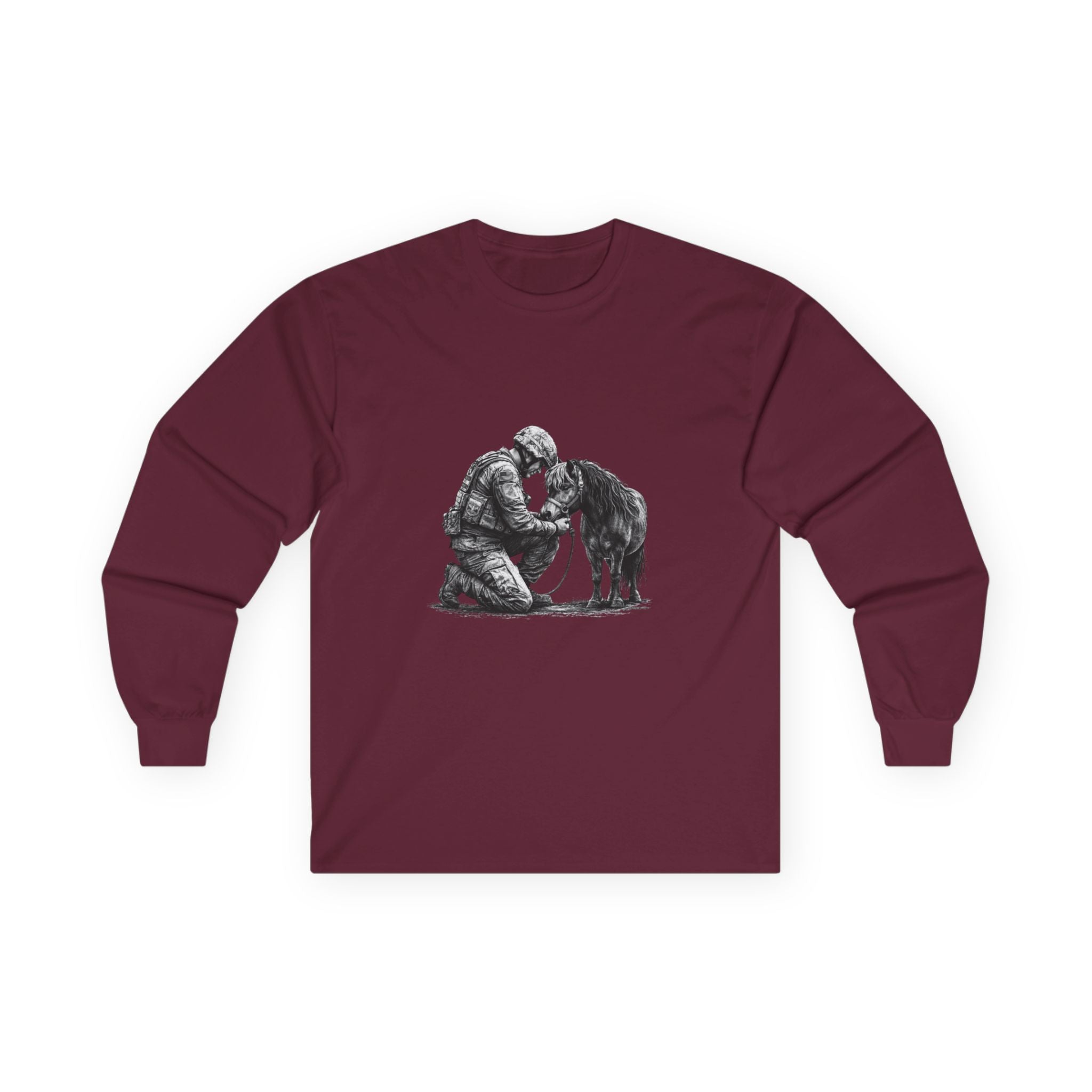 Kneeling Soldier with Horse Long Sleeve Tee — Military Veteran & K9 Tribute Shirt