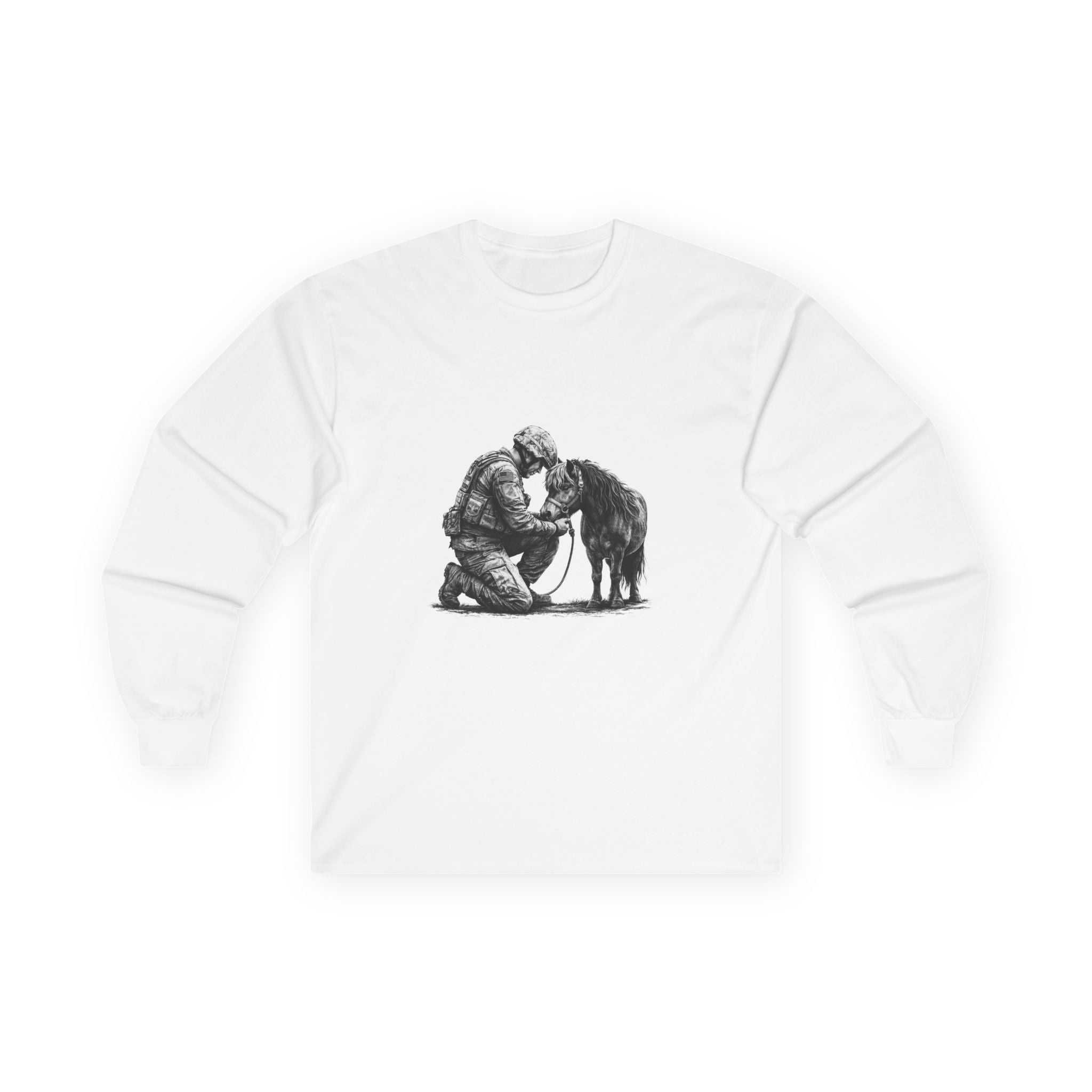 Kneeling Soldier with Horse Long Sleeve Tee — Military Veteran & K9 Tribute Shirt