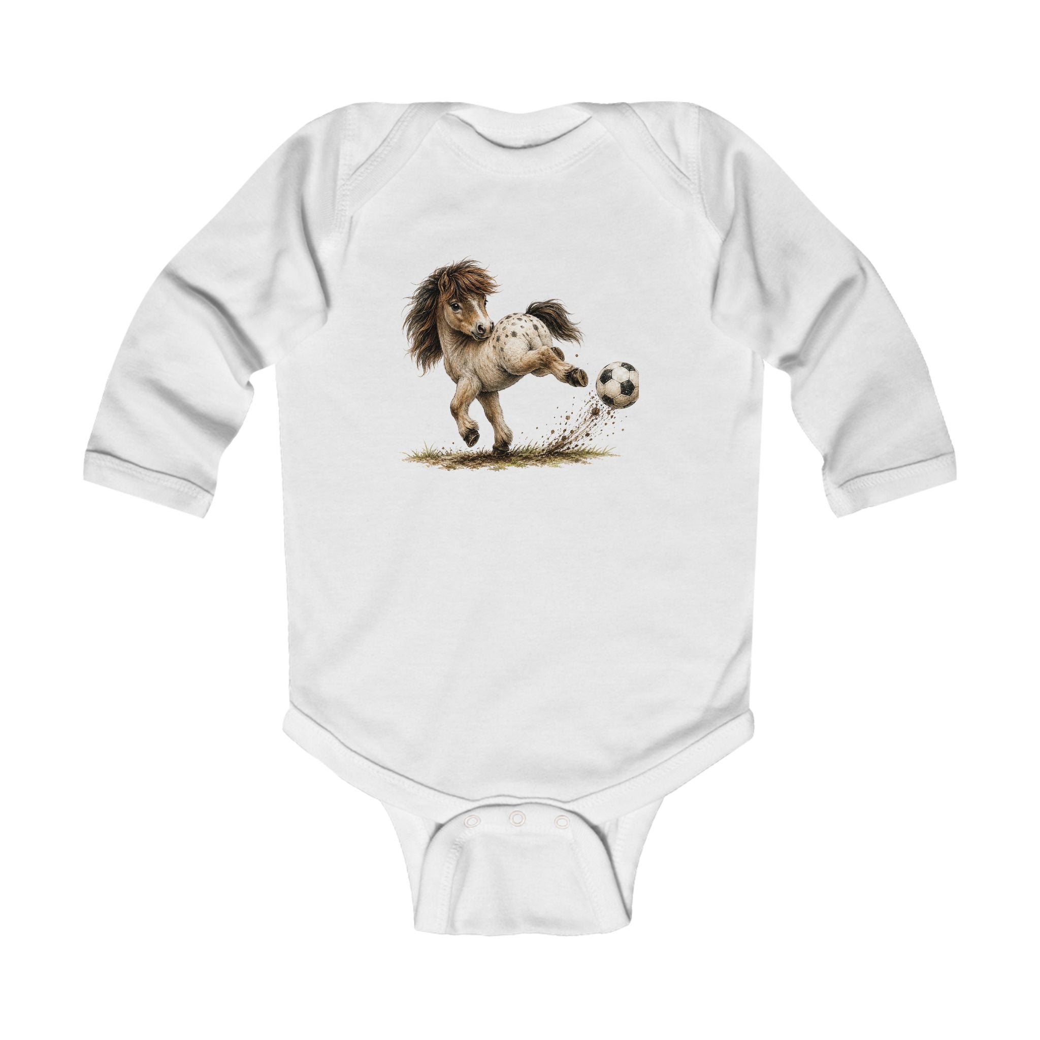 Infant Bodysuit — Cute Pony Soccer Graphic Long Sleeve Baby Onesie