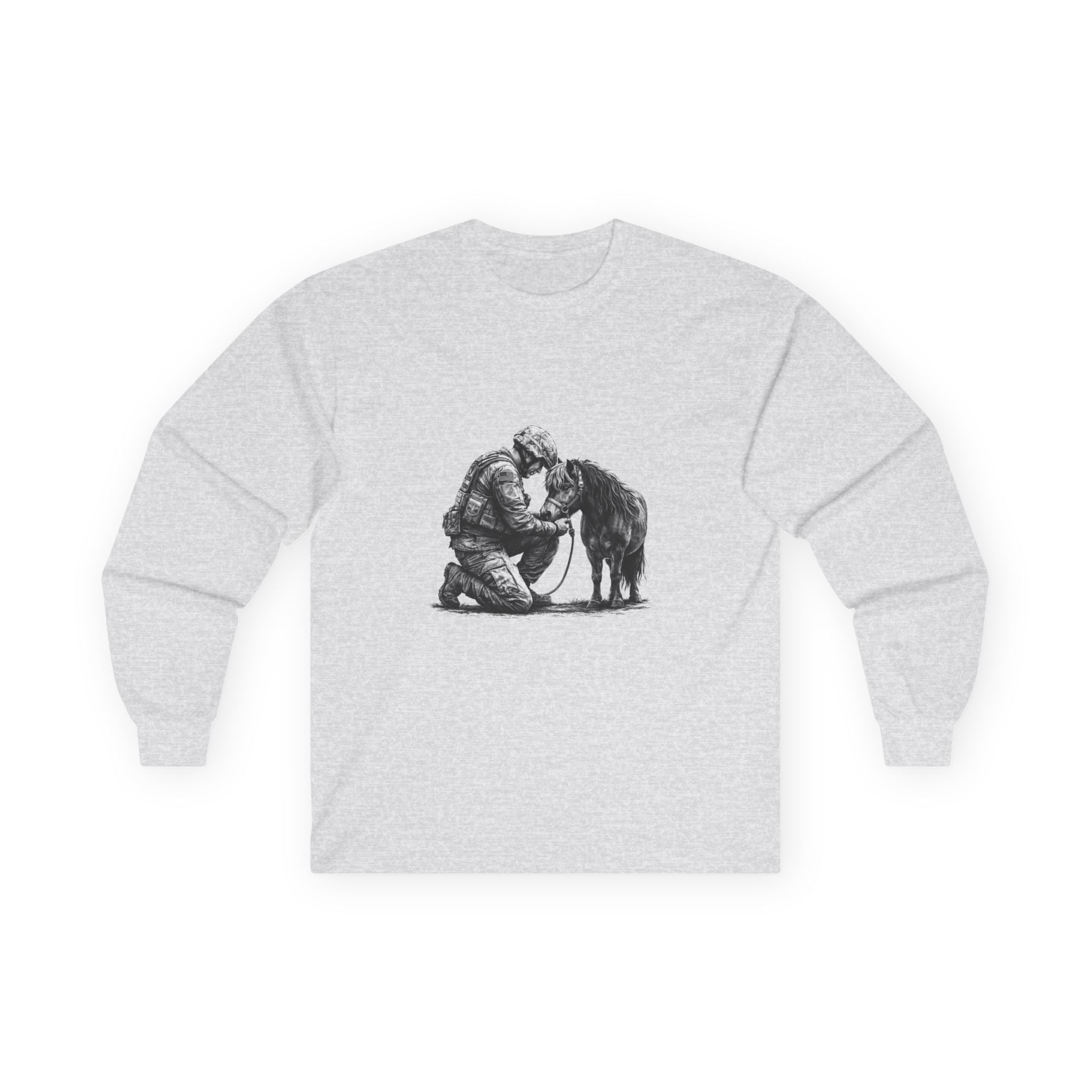 Kneeling Soldier with Horse Long Sleeve Tee — Military Veteran & K9 Tribute Shirt