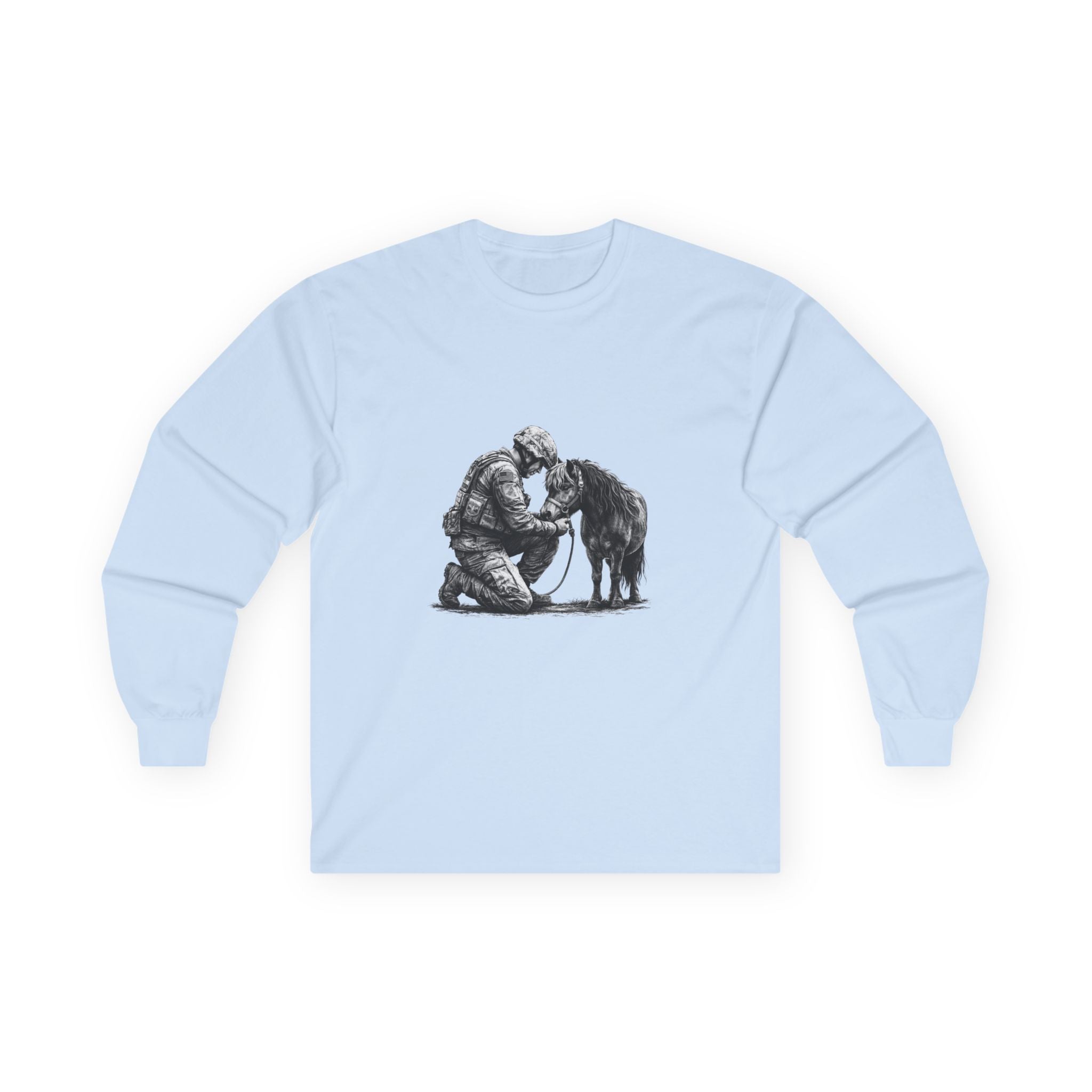 Kneeling Soldier with Horse Long Sleeve Tee — Military Veteran & K9 Tribute Shirt