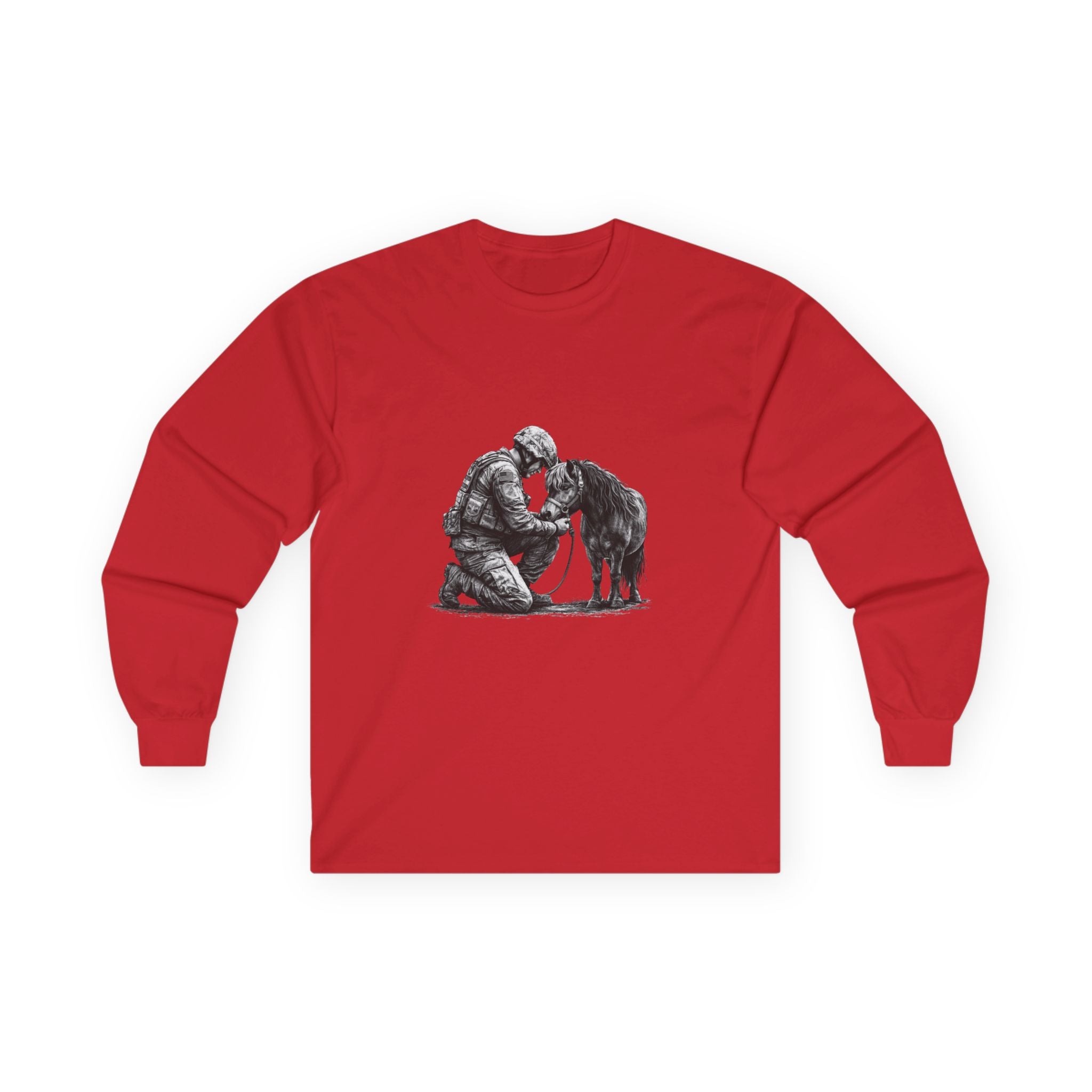 Kneeling Soldier with Horse Long Sleeve Tee — Military Veteran & K9 Tribute Shirt
