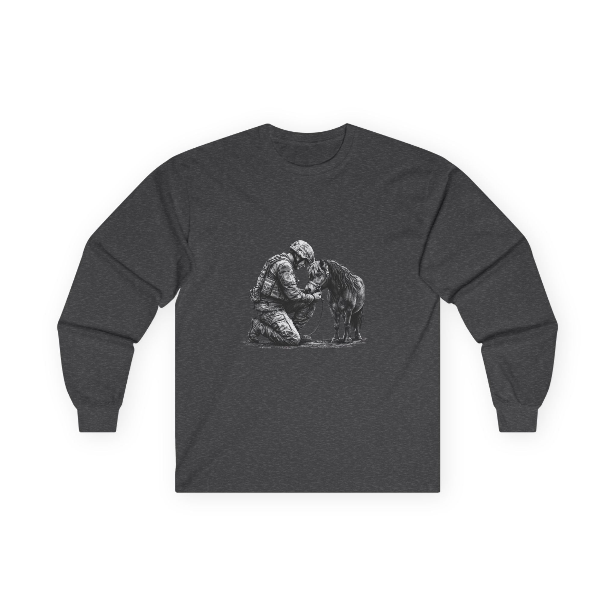 Kneeling Soldier with Horse Long Sleeve Tee — Military Veteran & K9 Tribute Shirt