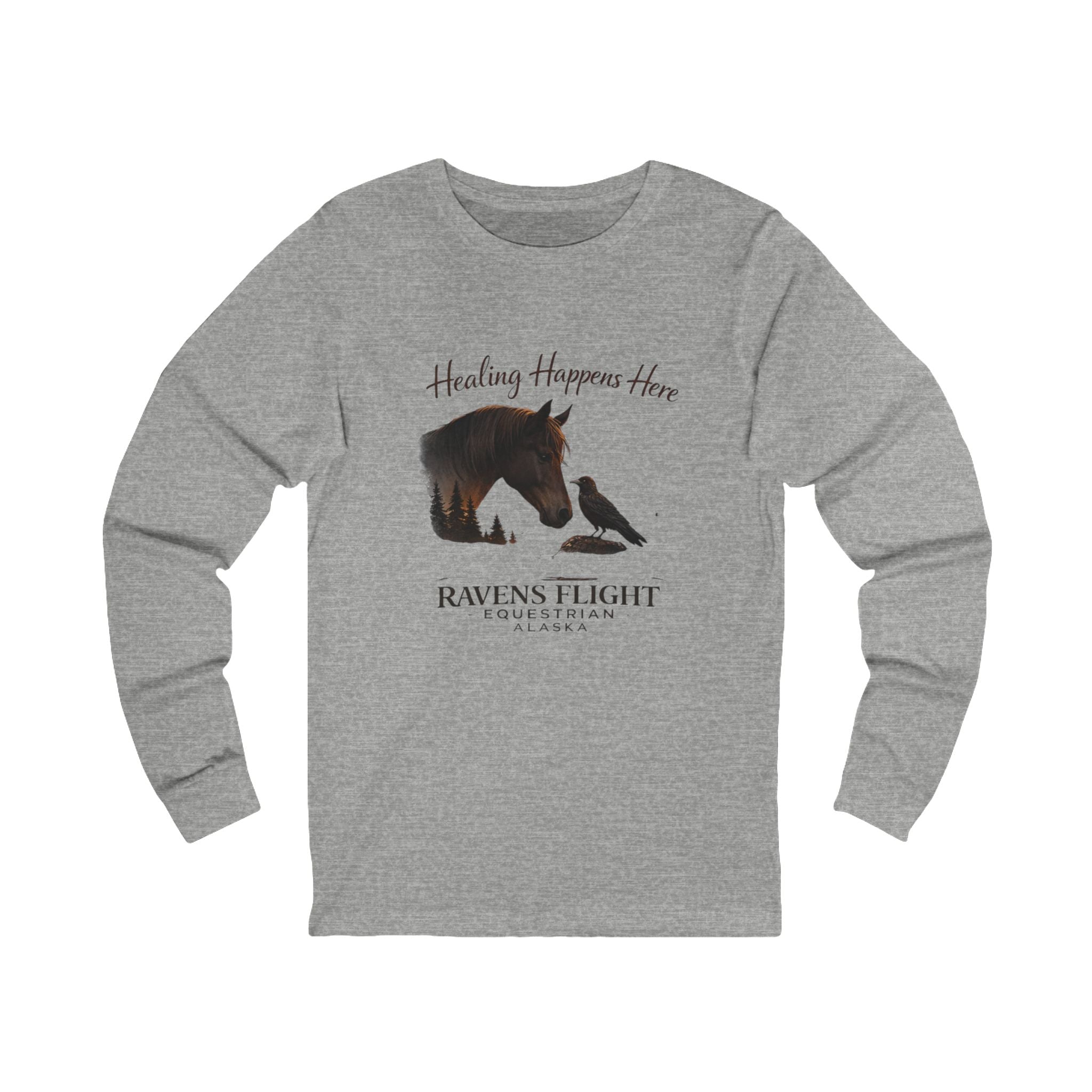 Healing Happens Here Long Sleeve Tee — Ravens Flight Equine Therapy Shirt